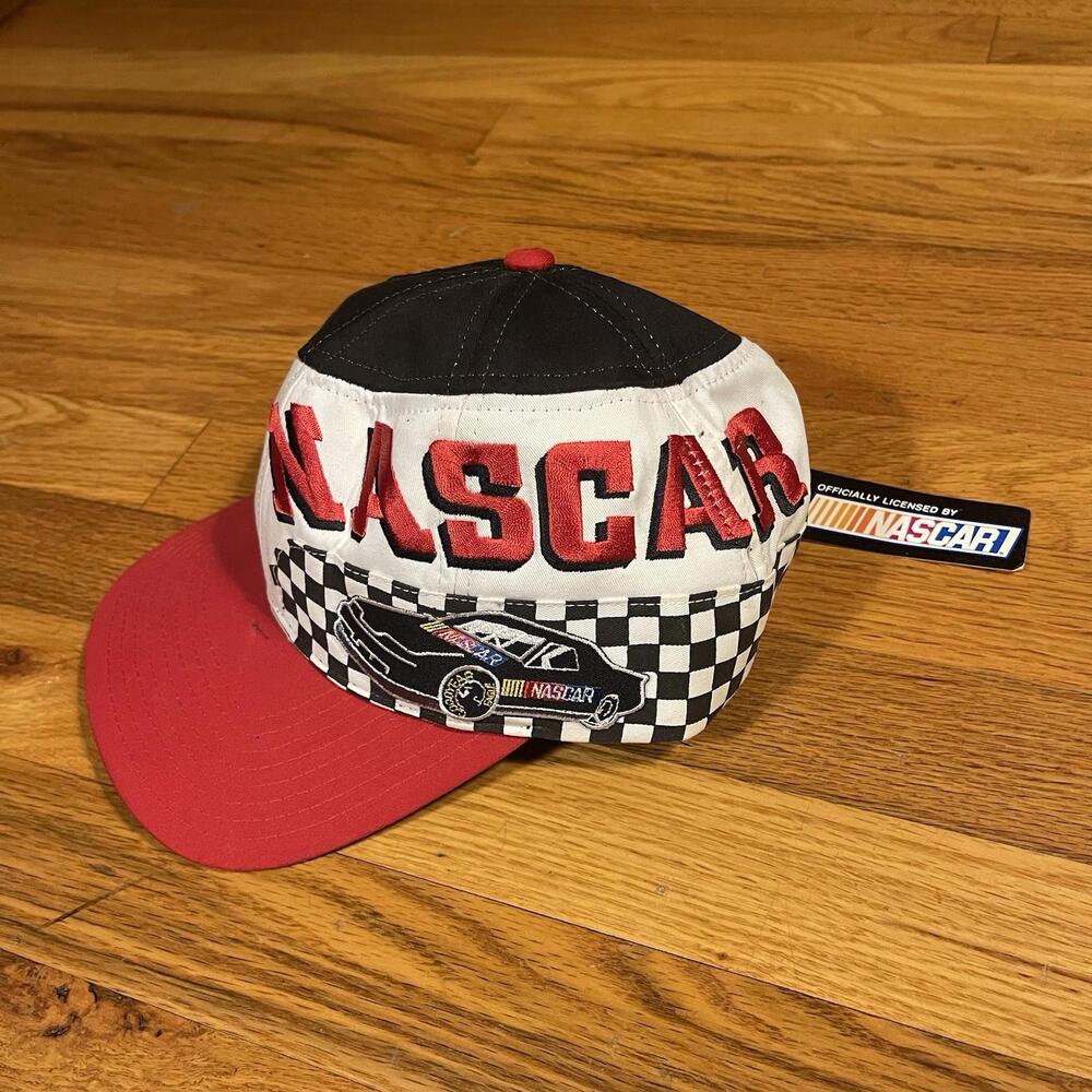 Vintage 90s NASCAR Racing Snapback Hat Embroidered Checkerboard NWT green brim